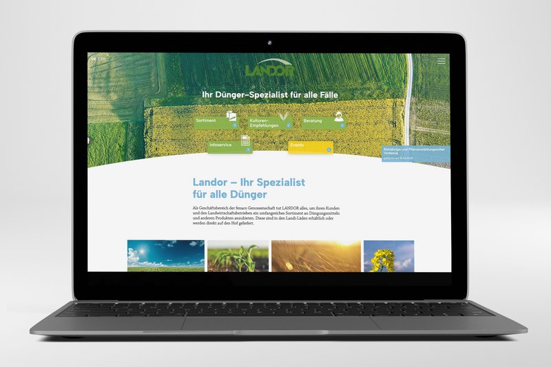 Zeigt die Landor Website Startseite in einem Laptop Mockup